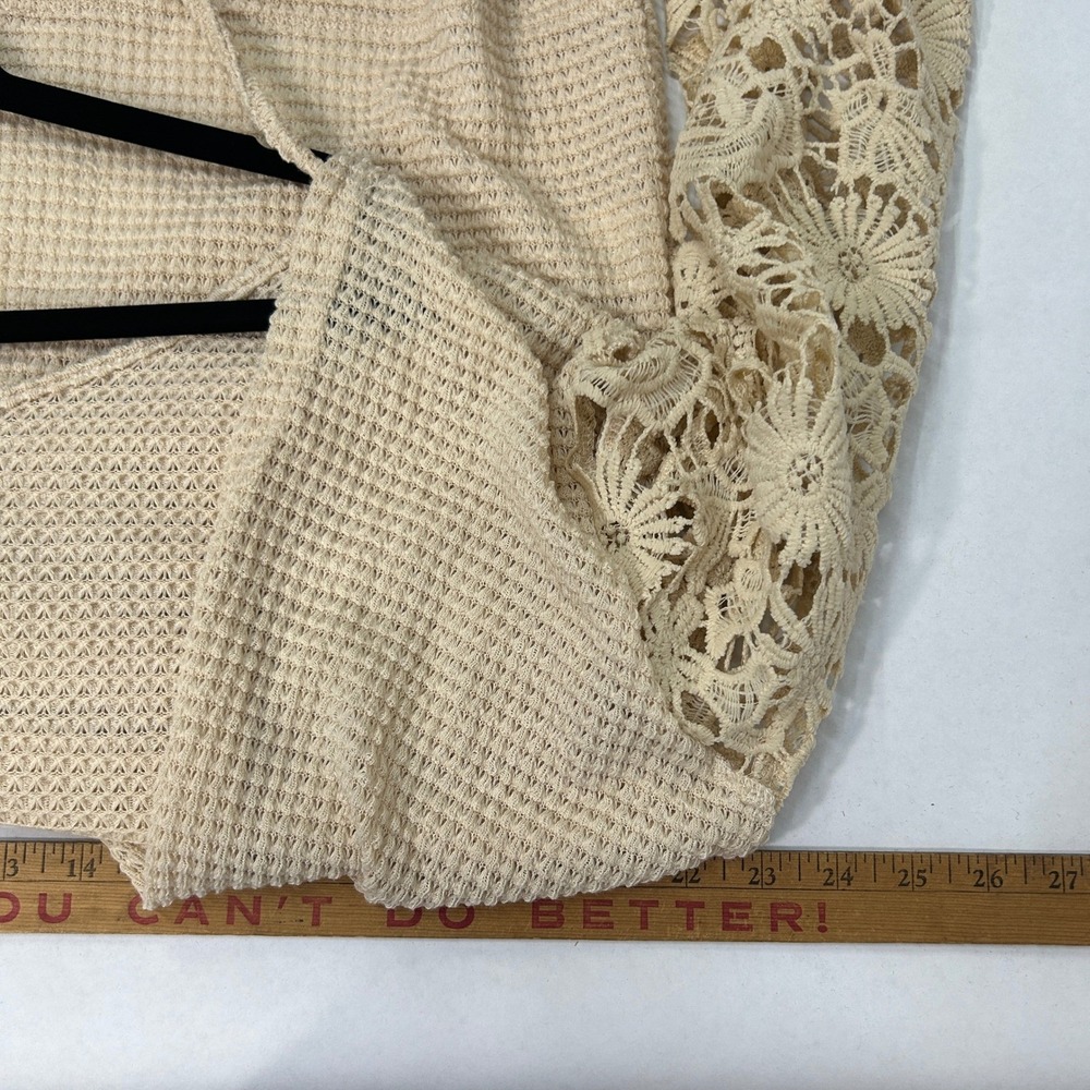 Waffle Knit Knot Front Sweater Romantic XL Beige Lace‎ Sleeve Boho Soft Indie - Picture 7 of 8